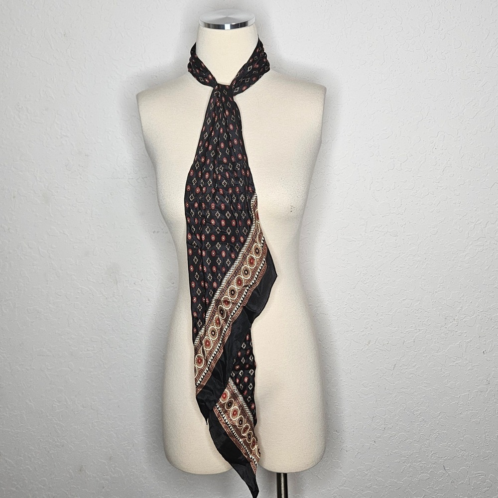 Club 7 Echo Silk Scarf Black Red Tan Geometric Medallion Print Oblong VTG